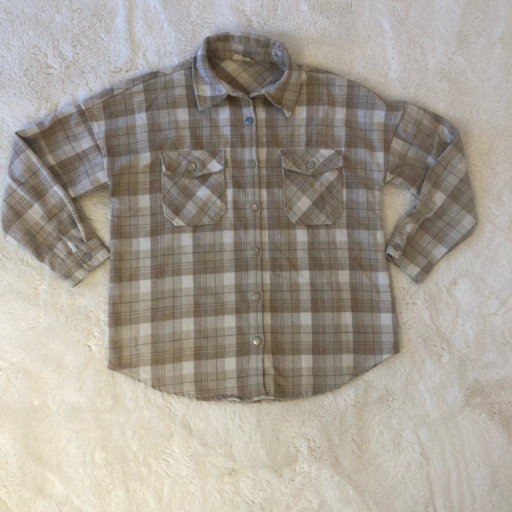 Altar’d State Plaid Flannel Button-Down Shirt Tan Cream Women’s L Rodeo Chic
